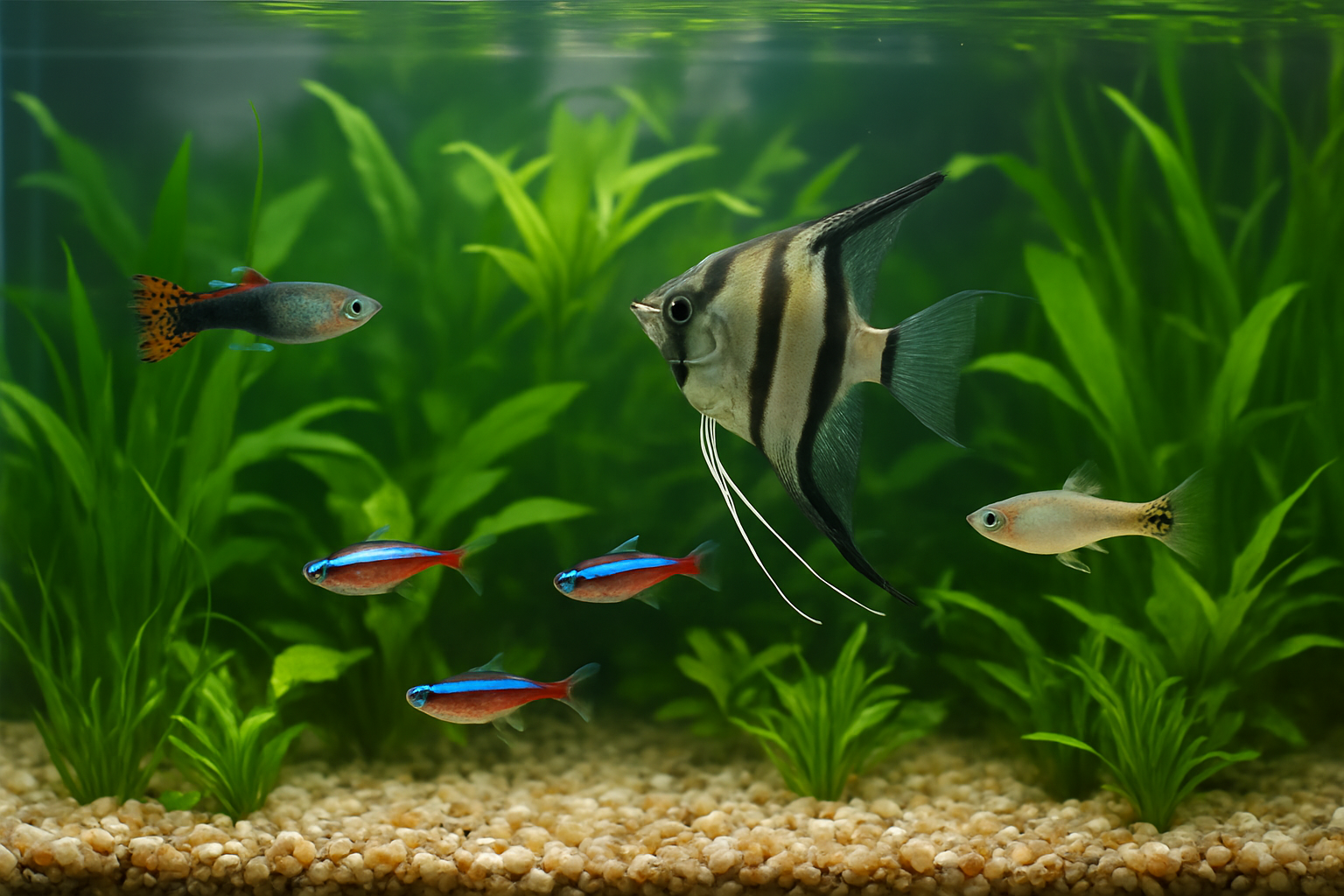 맑은 물속에서 구피, 네온테트라, 엔젤피시가 수초 사이를 유영하는 깨끗한 수족관 모습