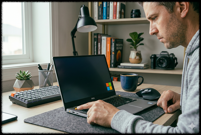 노트북 전원 버튼을 길게 눌러 하드 리셋을 하는 모습