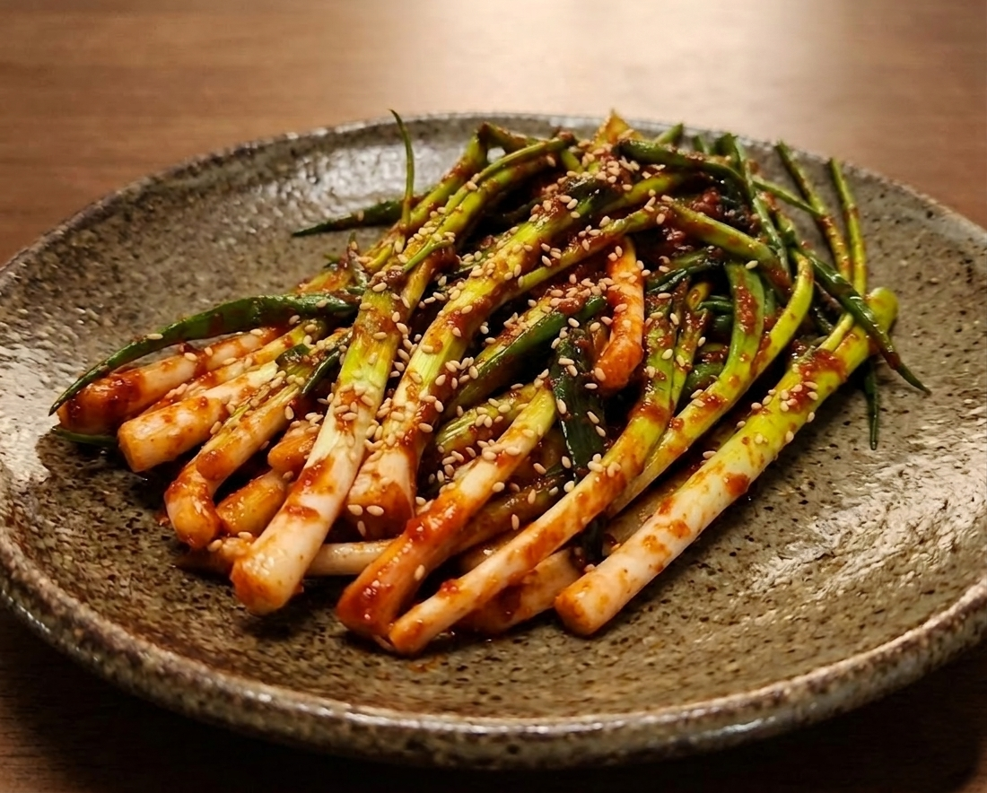 은은한 조명 아래 거친 질감의 진회색 도기 접시에 정갈하게 담긴 먹음직스러운 파김치와 통깨 고명.