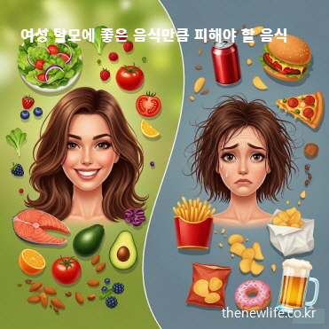 여성 탈모에 좋은 음식과 피해야 할 나쁜 음식을 비교하는 인포그래픽
