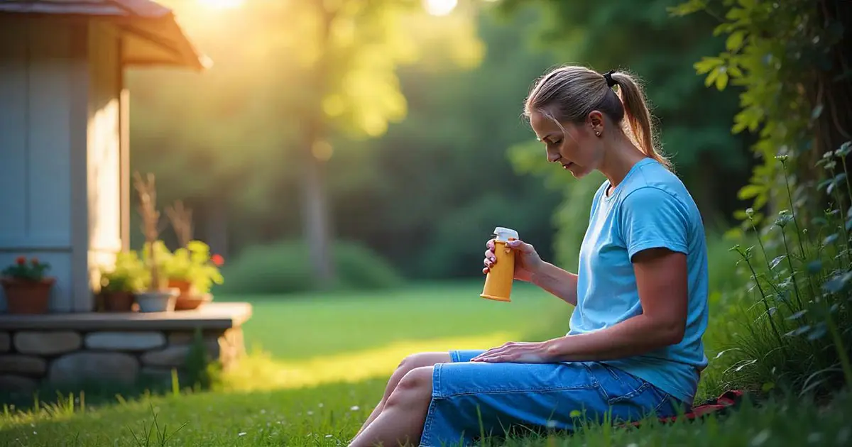 젊은 여성이 집 앞에 앉아 모기 퇴치제를 뿌리는 이미지.