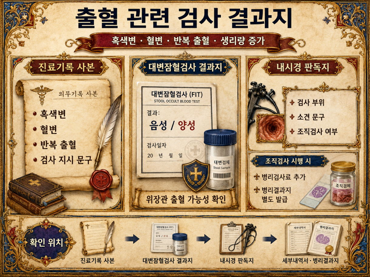 흑색변 혈변 반복 출혈 문구와 대변잠혈검사 내시경 판독지를 정리한 인포그래픽