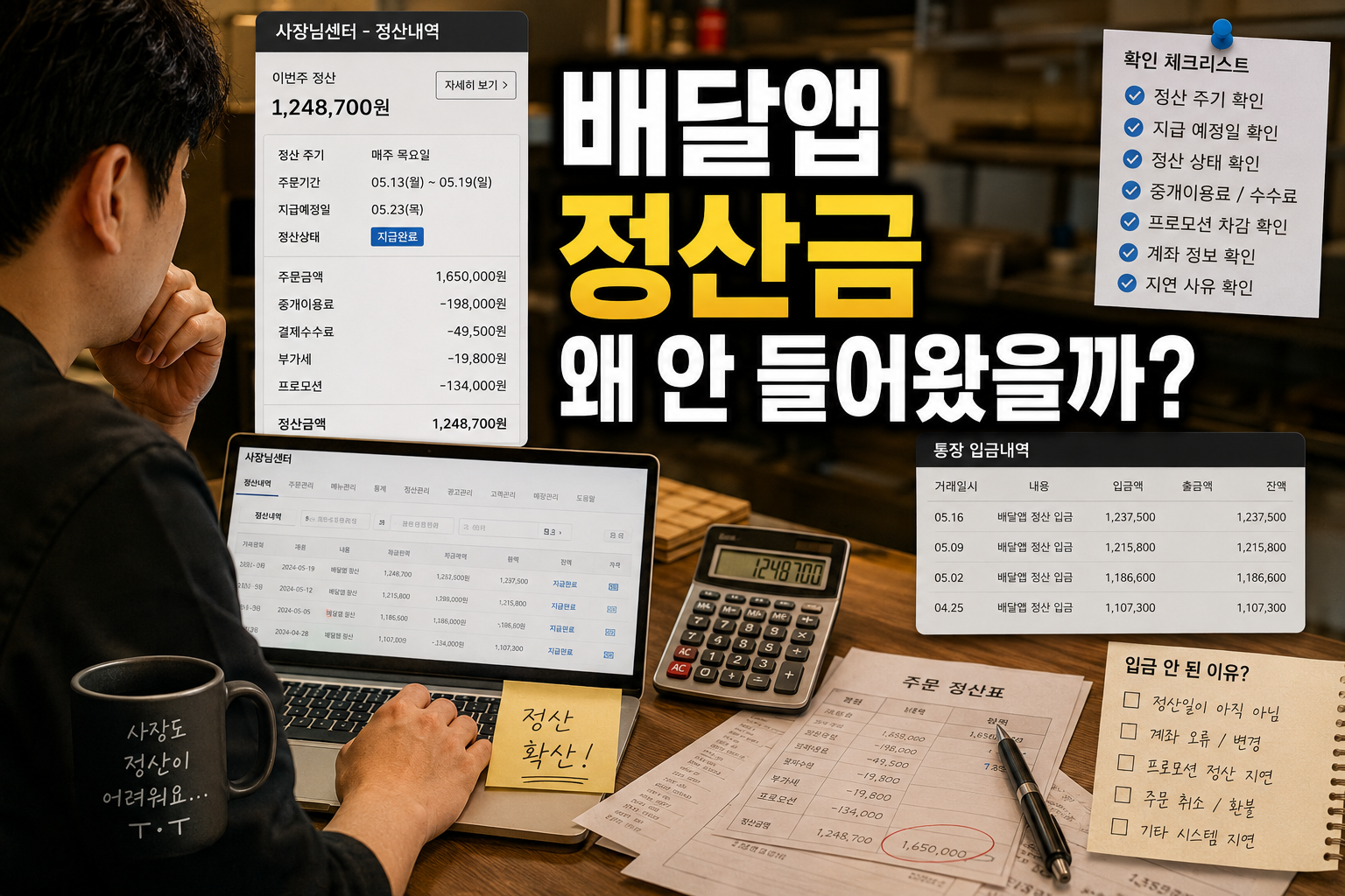 배달앱 정산금 입금이 안 된 상황에서 음식점 사장이 정산일과 계좌, 보류 사유를 확인하는 모습