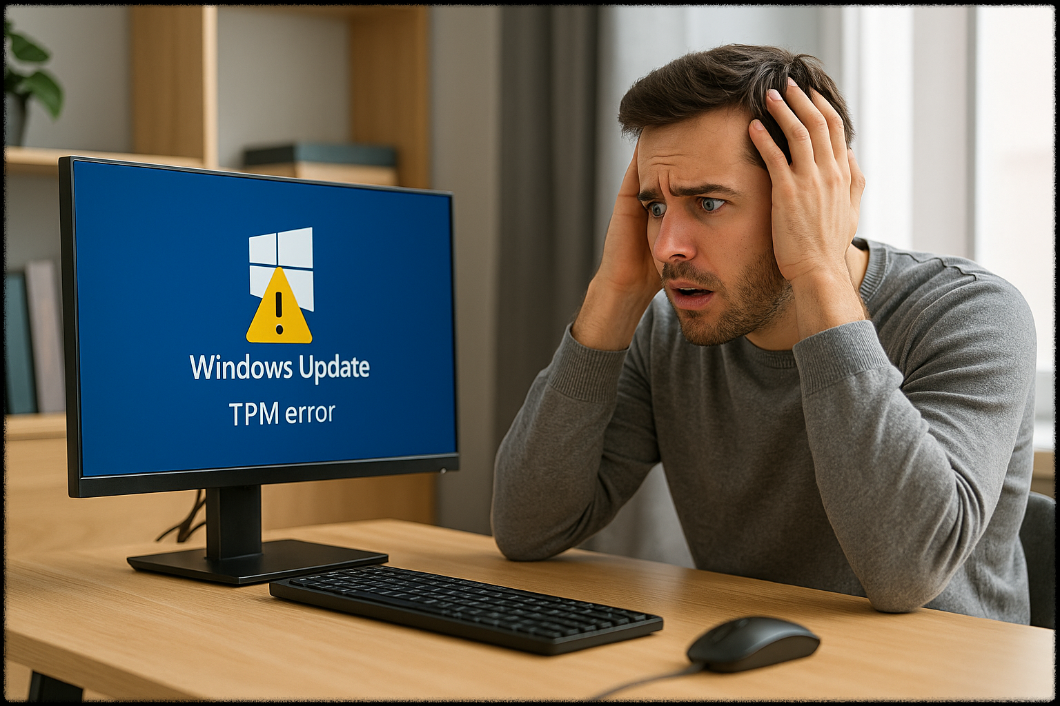 TPM 오류 메시지를 확인한 후 당황한 사용자의 모습