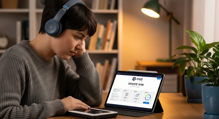 태블릿으로 창업에듀 온라인 강의를 듣는 장애인 학습자. 창업 계획 관련 교육 내용이 화면에 보인다.