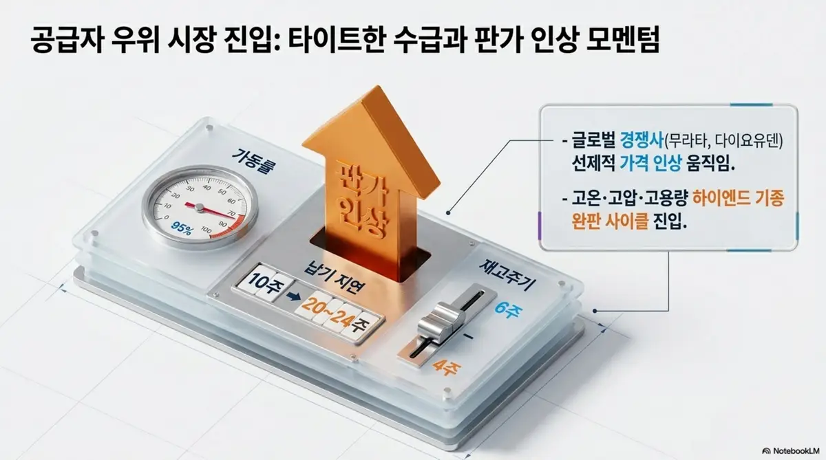삼성전기 주가 전망: 삼성전기 MLCC의 공급자 우위 시장 진입을 보여주는 인포그래픽. 가동률 95% 달성과 납기 10주에서 20~24주로 연장 그리고 재고주기 6주에서 4주로 축소 상황을 계기판 형태로 시각화하며 블로그의 삼성전기 MLCC 판가 인상 가능성 분석과 관련된 내용을 설명한다 