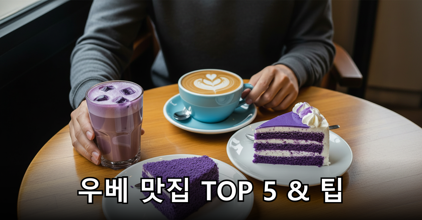 우베 라떼와 우베 케이크가 놓인 감성적인 카페 테이블