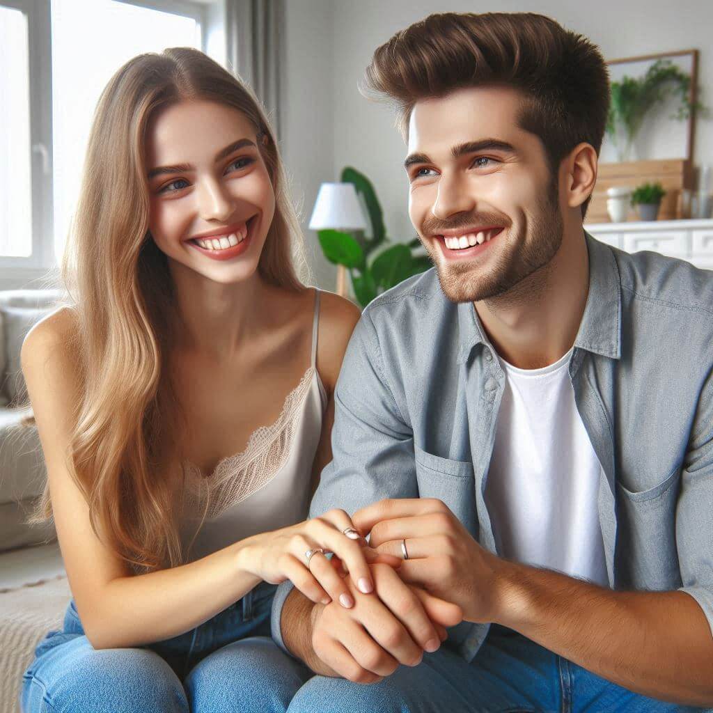 행복주택 입주자격이 되는 친구에게 소식을 전해주고 행복한 마음이 드는 신혼부부 사진. 서로 마주보고 웃고 있다.