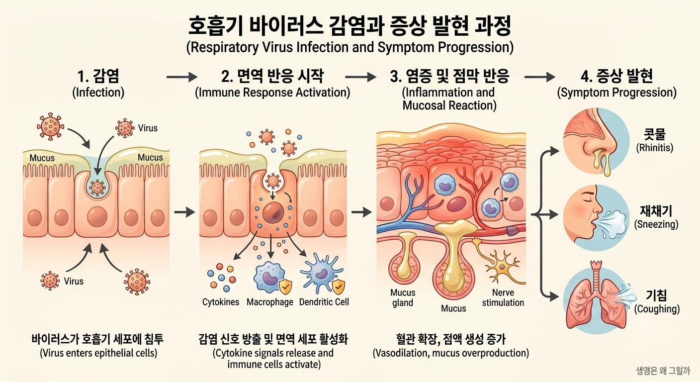 바이러스가 호흡기 세포에 감염된 후 면역반응이 시작되고, 염증과 점막 반응으로 콧물·재채기·기침 등의 증상이 나타나는 과정
바이러스가 호흡기 세포에 감염된 후 면역반응이 시작되고, 염증과 점막 반응으로 콧물·재채기·기침 등의 증상이 나타나는 과정
