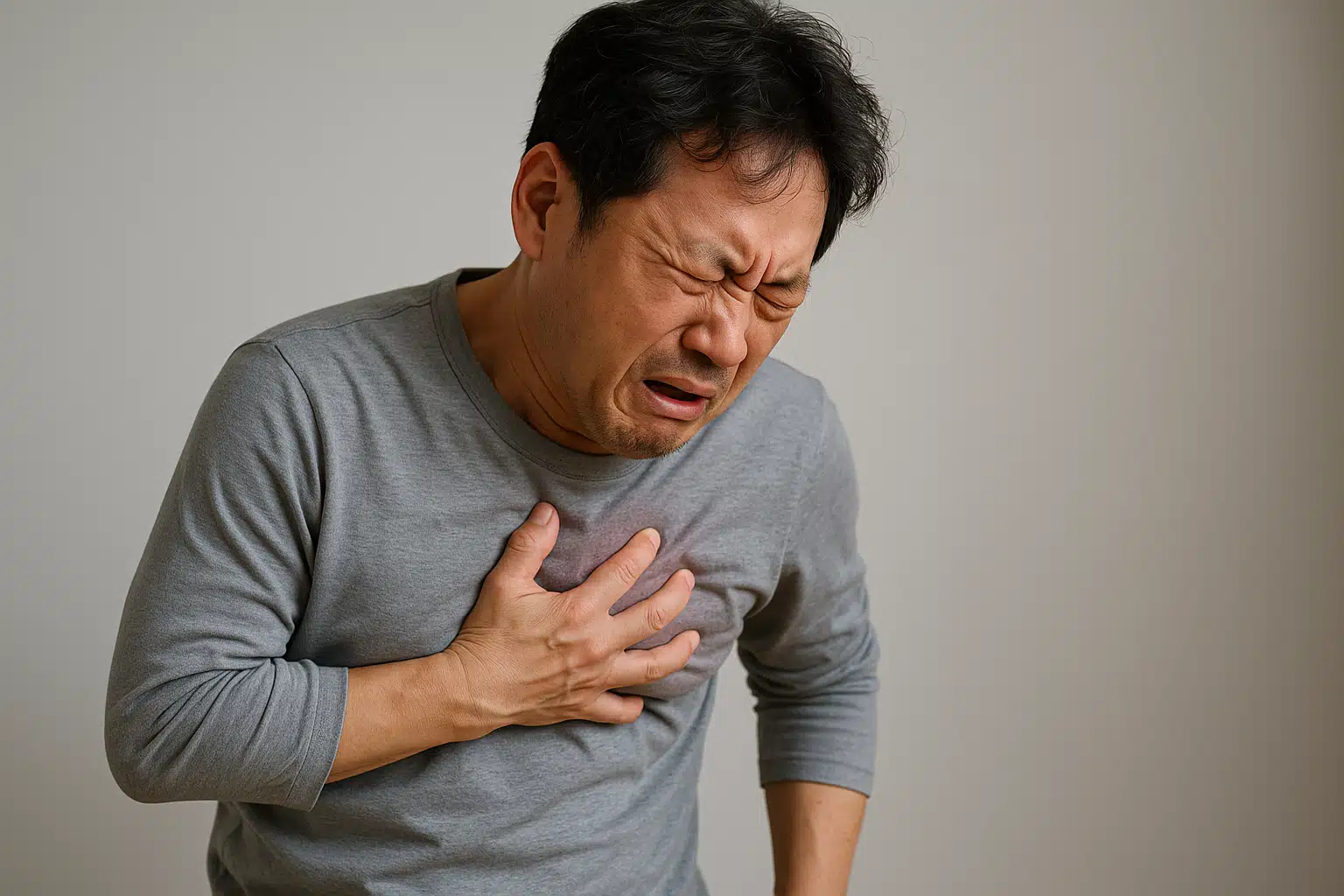 한 손으로 가슴을 누르고 통증을 느끼는 모습
