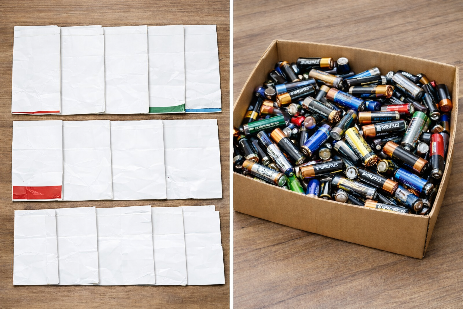 "2026년 주민센터 재활용품 교환 사업 참여를 위해 세척하여 건조 중인 우유팩과 수거된 폐건전지 모습"