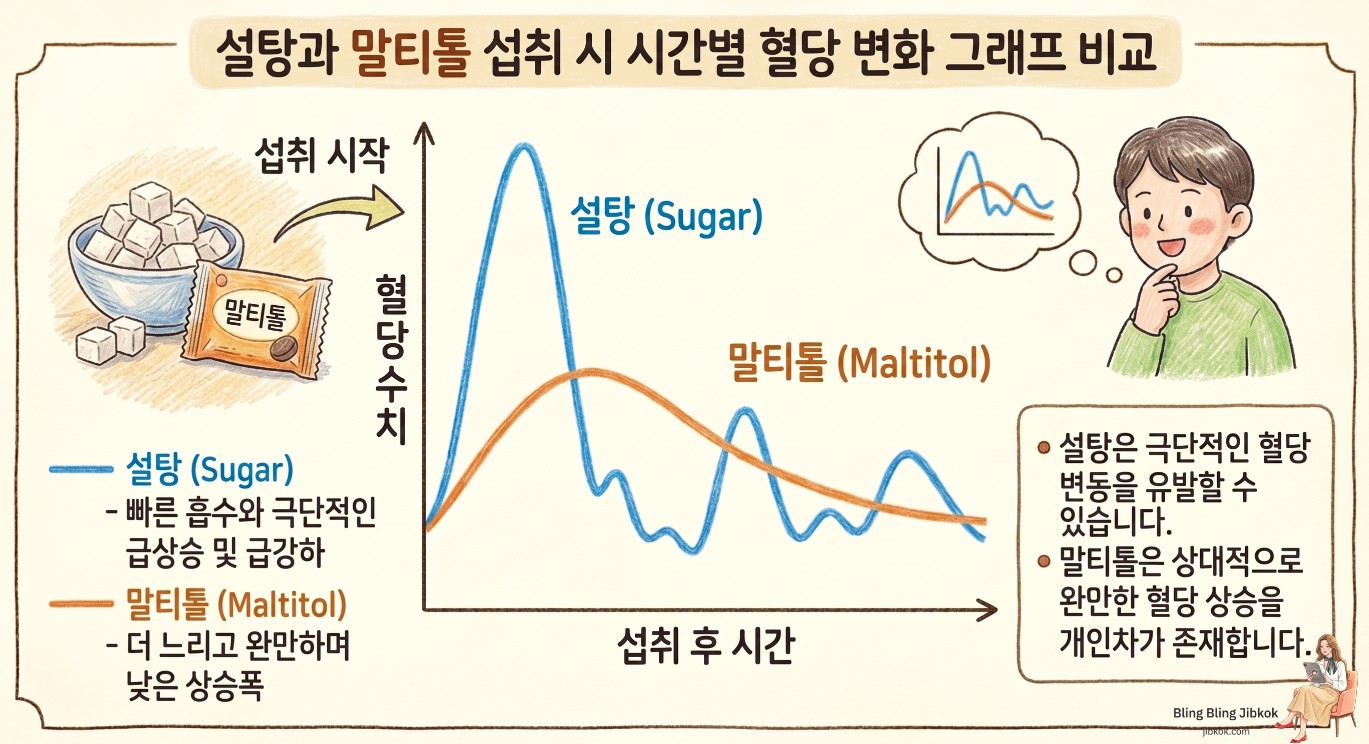 설탕과 말티톨 섭취 시 시간별 혈당 변화 그래프 비교 (Blood sugar spike comparison between sugar and maltitol graph)