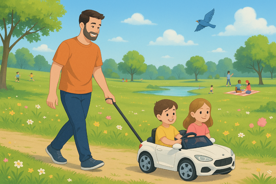 공원에서 전동차를 타는 아이들 _ 이미지