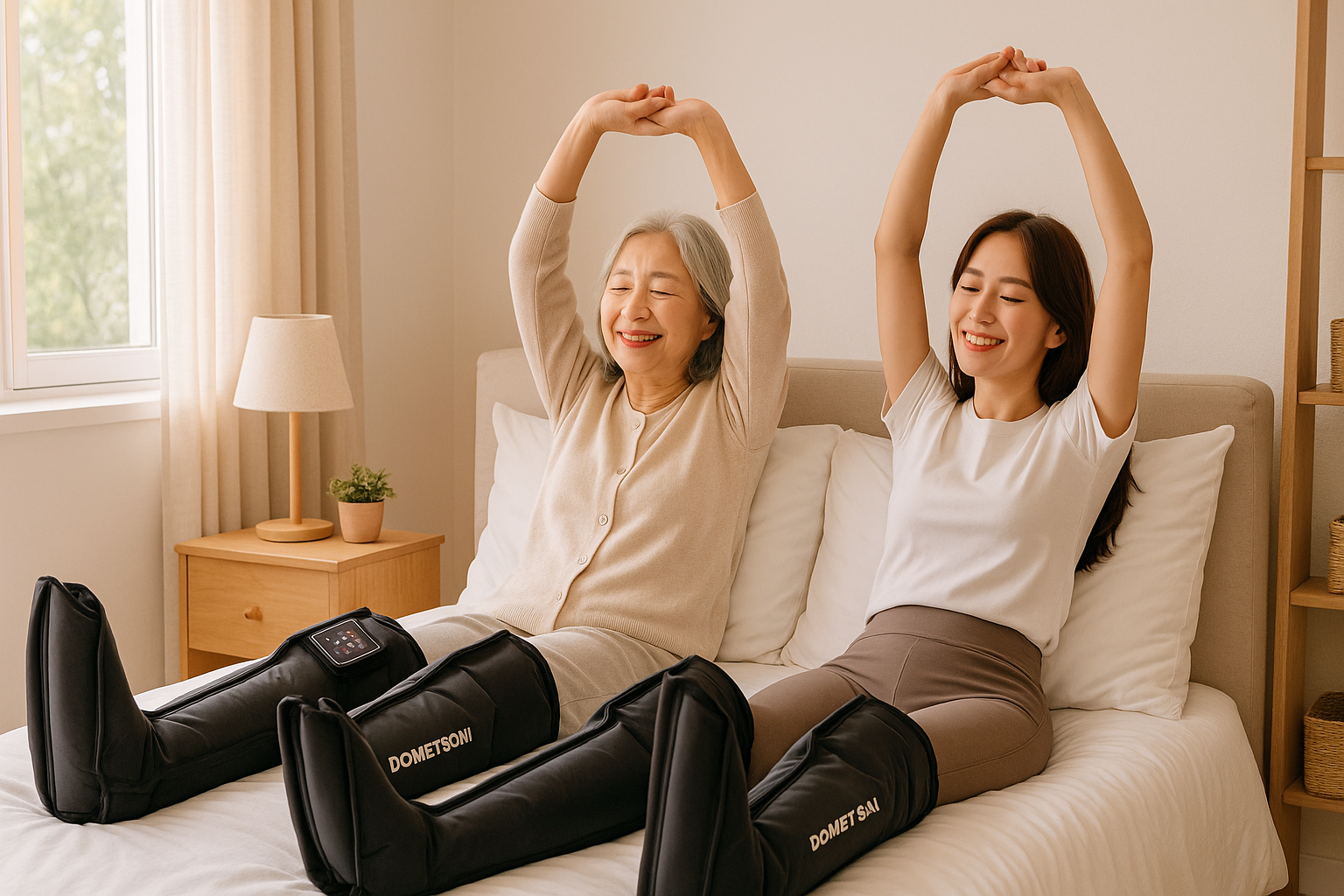 종아리 마사지기를 사용하며 편안함을 느끼는 사용자들