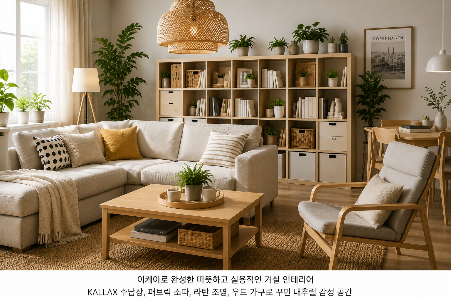 2026 이케아 추천템으로 완성한 북유럽 스타일 거실 인테리어와 칼락스 수납장 활용 사례로 칼락스 수납장과 패브릭 소파, 우드 가구로 꾸민 이케아 거실 인테리어 이미지입니다.
