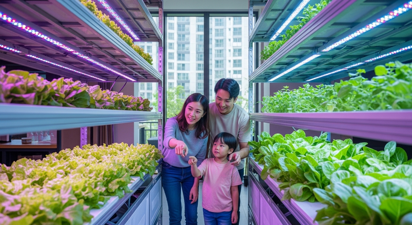 아파트 단지 내 첨단 스마트팜에서 LED 조명 아래 신선한 채소들이 자라고 있고, 한 가족이 이를 흥미롭게 바라보고 있다.