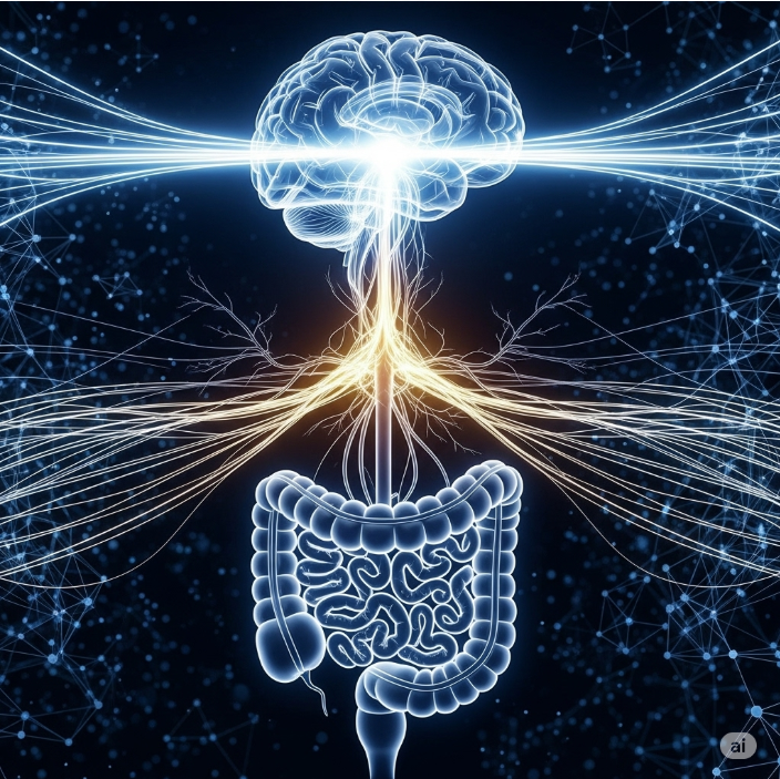 뇌와 장이 서로 신경으로 연결되어 활발하게 소통하는 모습을 보여주는 과학적이고 추상적인 그래픽 이미지. 장-뇌 축의 개념을 시각화한다