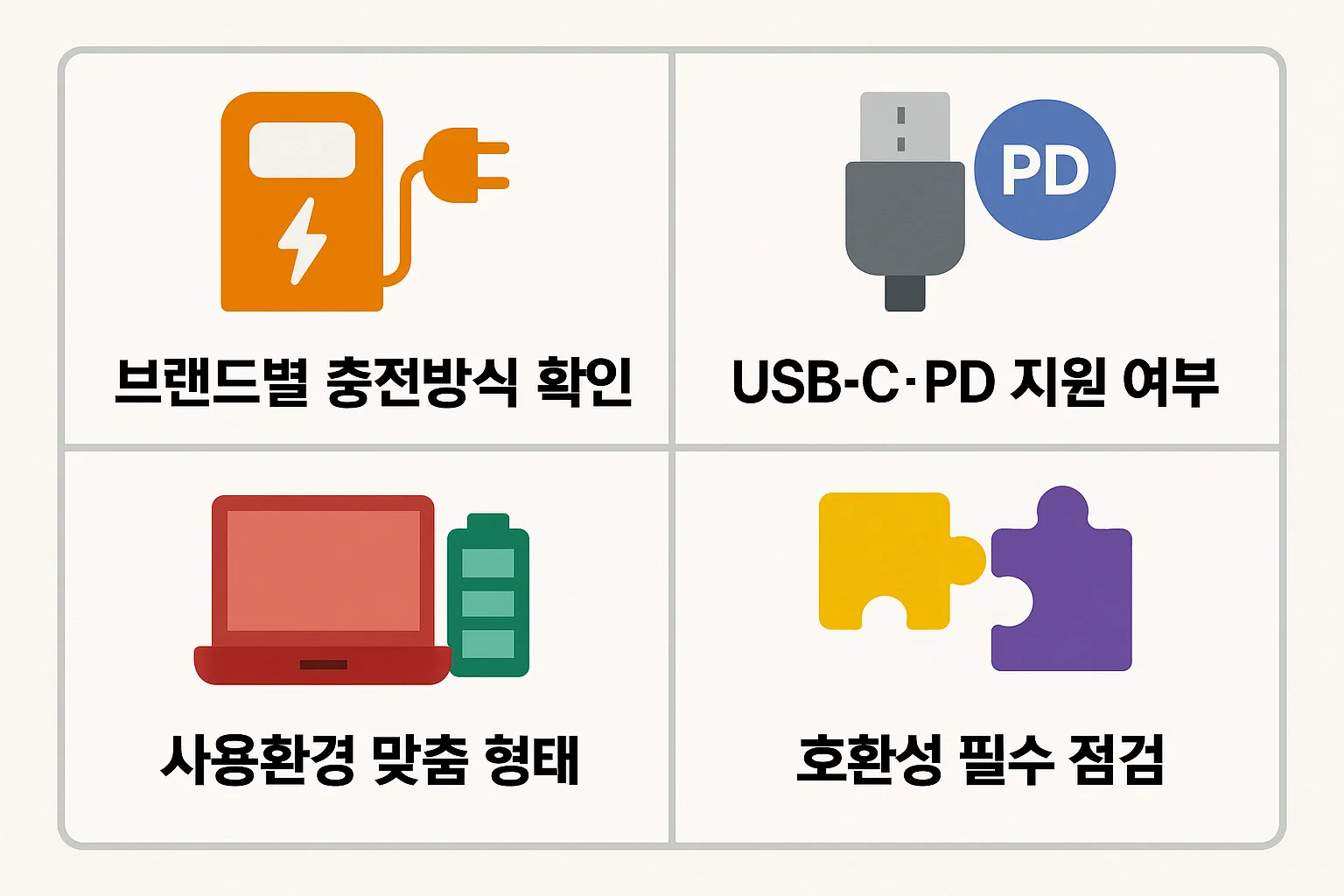 브랜드별 충전방식, USB-C·PD 지원 여부, 사용환경 적합성, 호환성 점검 등 스마트워치 충전기 선택 기준을 정리한 인포그래픽