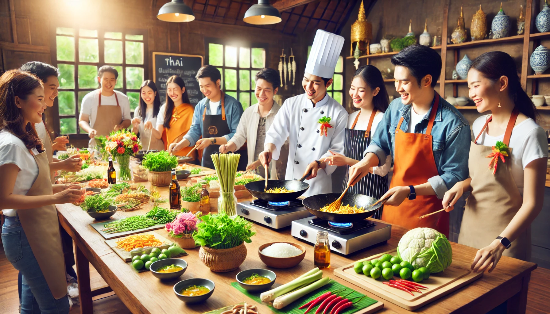 태국 전통 요리를 배우는 쿠킹 클래스 장면