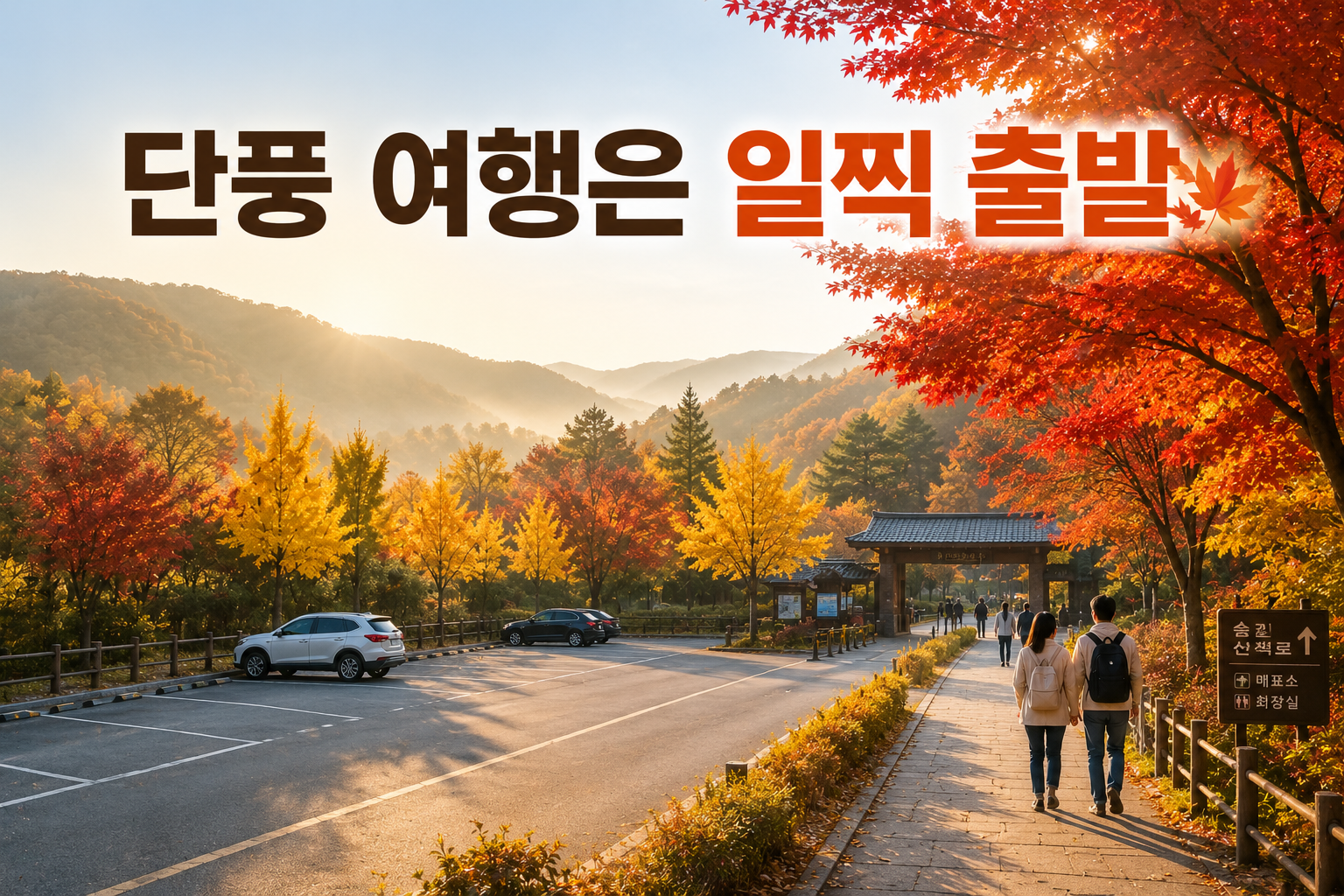 이른 아침 한적한 서울 근교 단풍길과 주차된 자동차