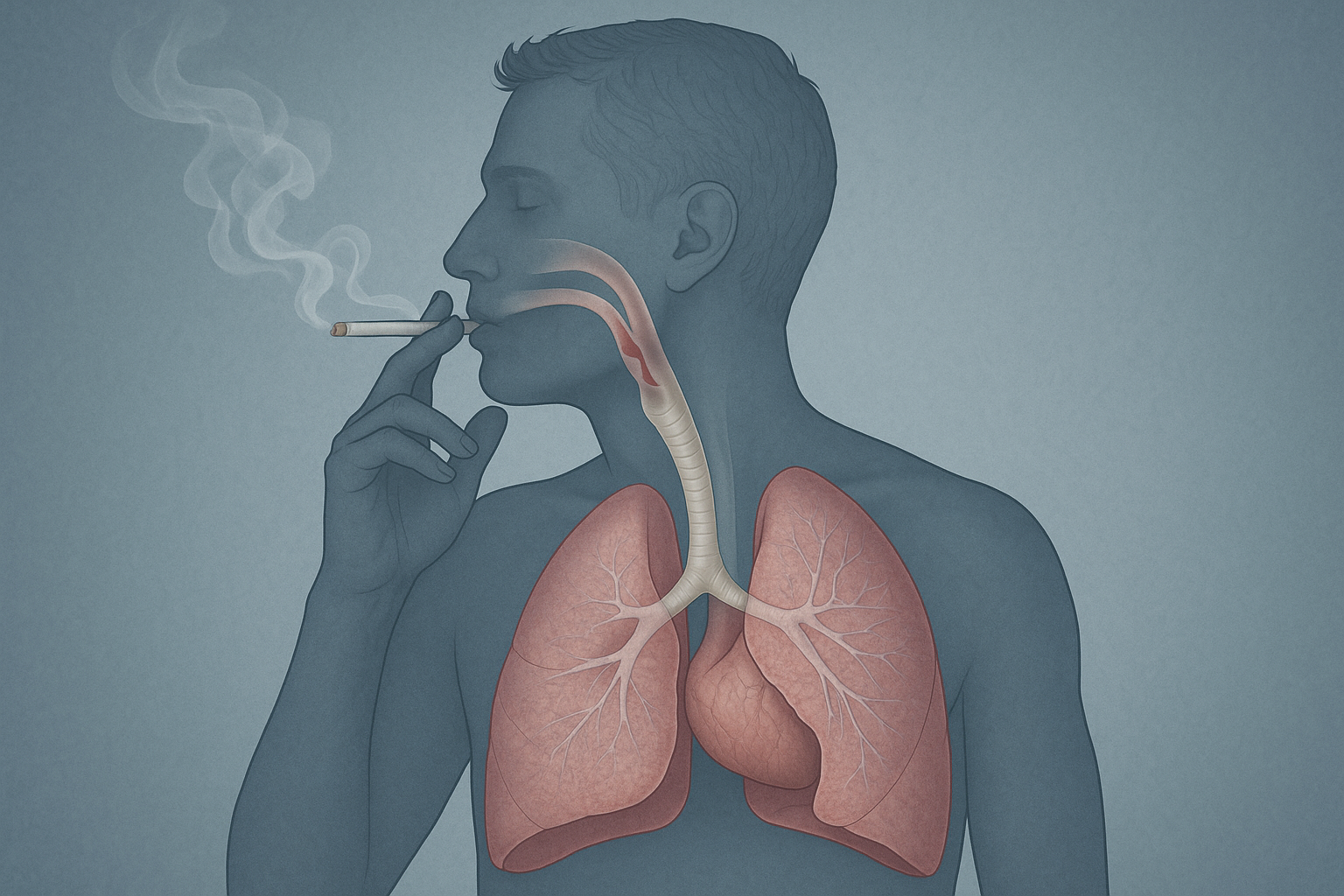 흡연자가 담배 연기를 들이마시며 폐로 들어가는 모습을 해부학적으로 표현한 의료 일러스트