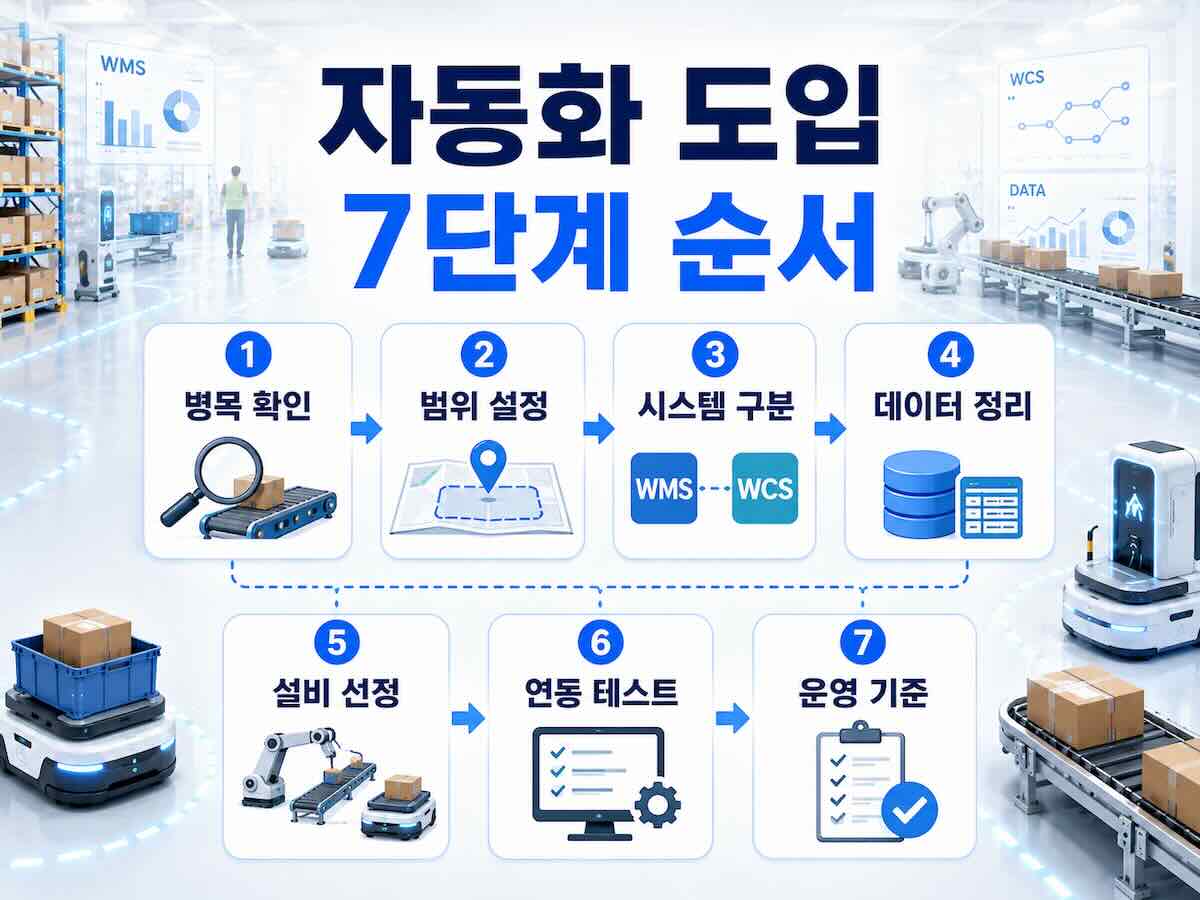 물류센터 자동화 도입 순서 7단계 병목 확인 범위 설정 시스템 구분 데이터 정리 설비 선정 연동 테스트 운영 기준