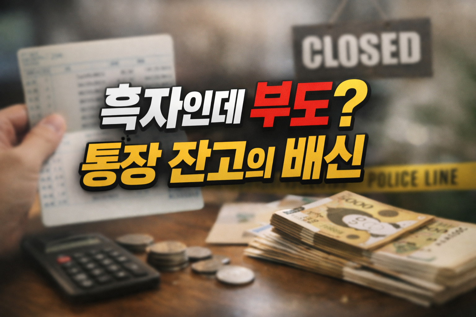 손에 든 통장과 책상 위 현금 더미, 배경의 CLOSED 표지판이 흐릿하게 보이는 가운데 &lsquo;흑자인데 부도? 통장 잔고의 배신&rsquo; 문구가 강조된 이미지