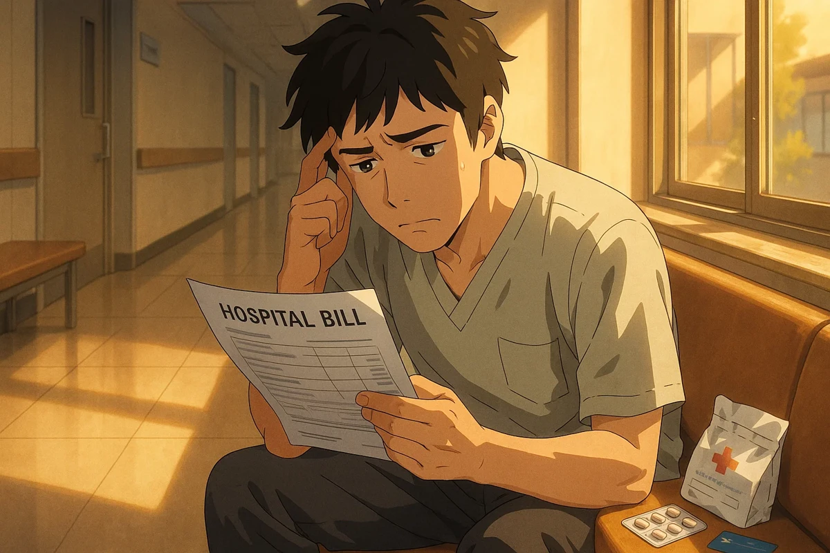 병원 진료비 계산서를 들고 고민하는 사람의 모습