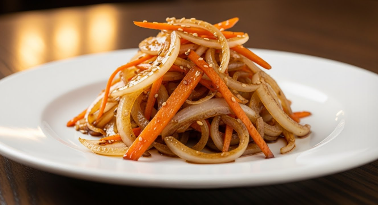 윤기가 흐르고 아삭아삭해 보이는 양파 볶음이 예쁜 접시에 소복하게 담겨있는 모습