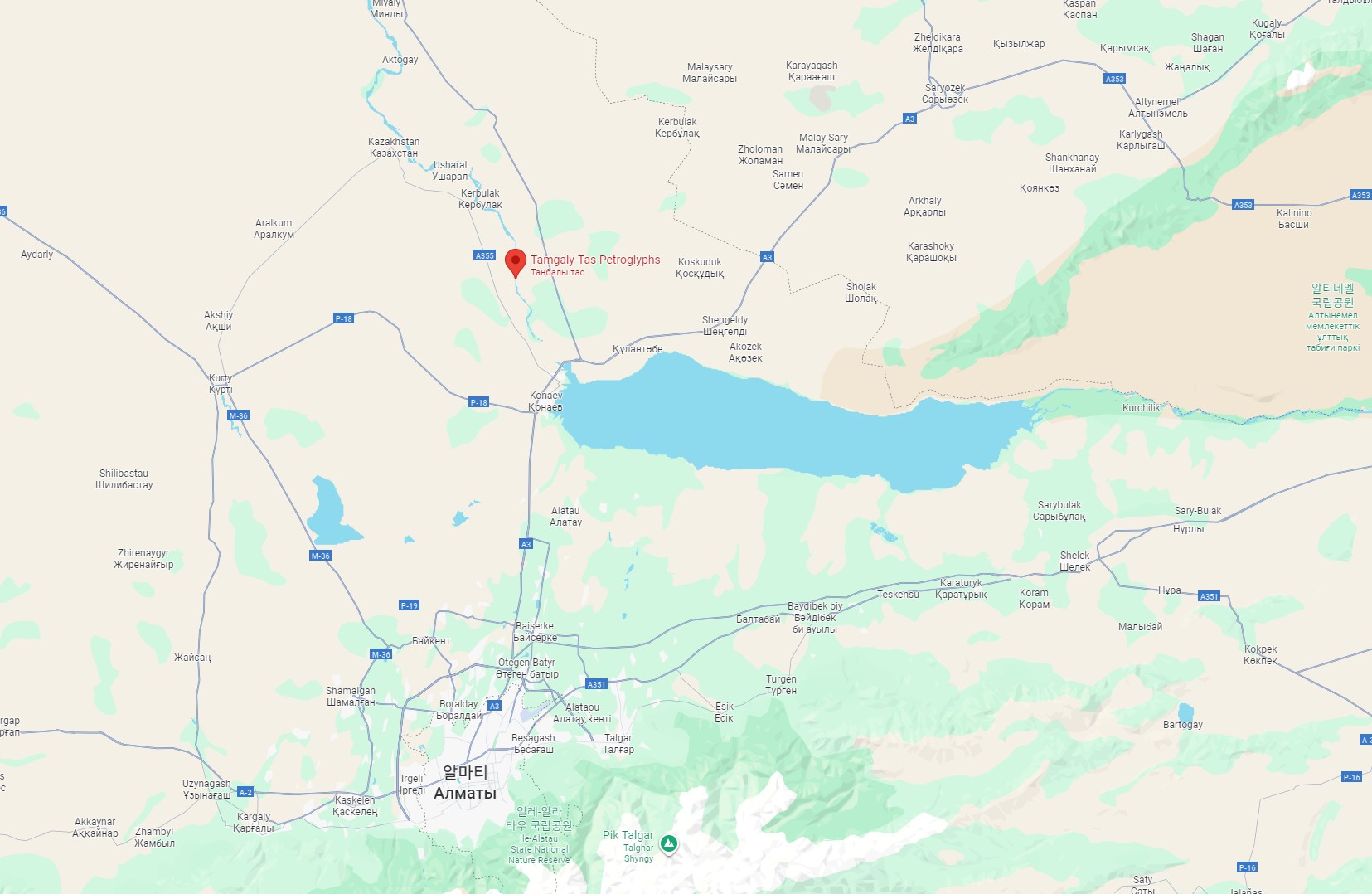 카자흐스탄 Tamgaly-Tas 암각화 위치