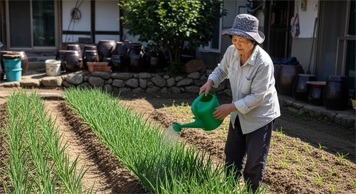 쪽파 밭에 물을 주며 생육을 관리하는 한국인 시니어 가드너 