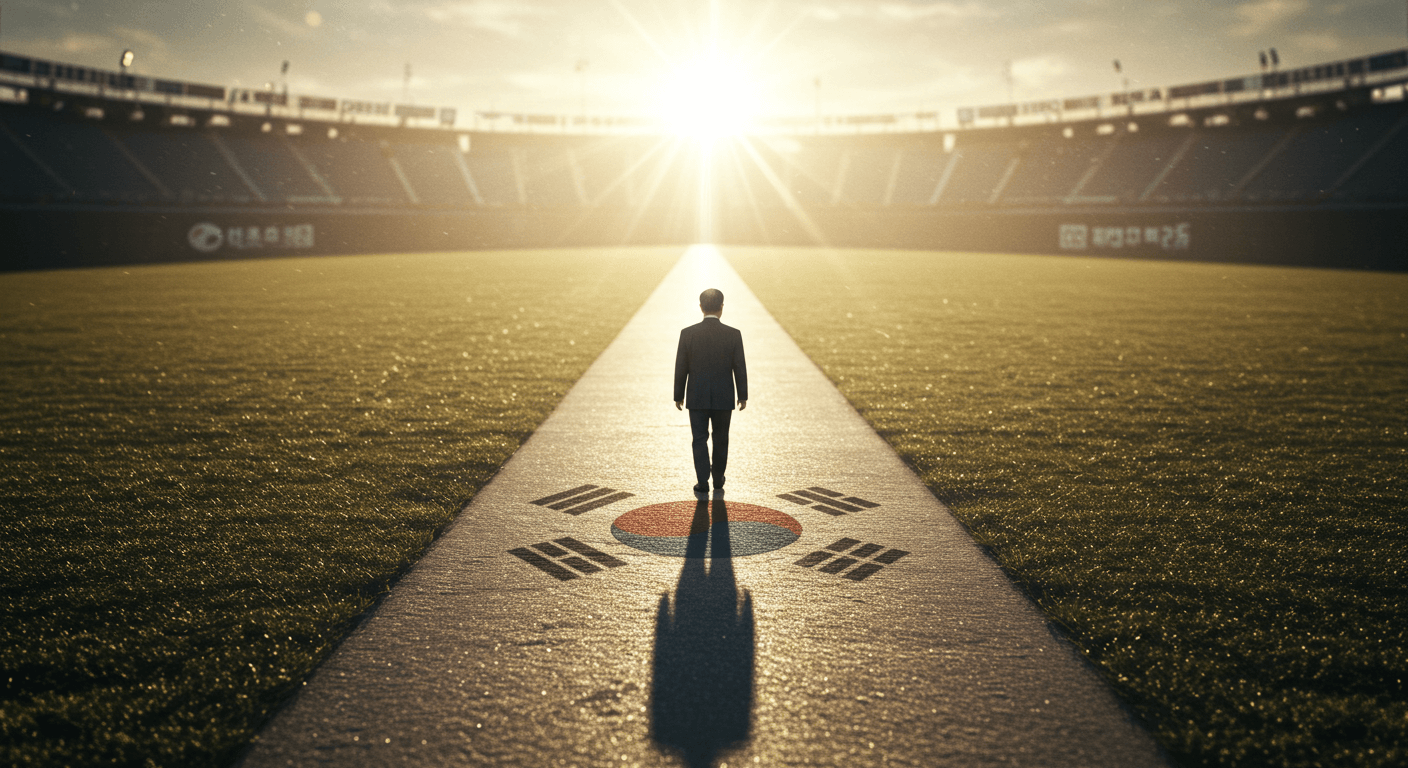 한국 프로야구를 상징하는 야구공 길이 밝은 수평선으로 이어지고&amp;#44; 한국인 총재가 걸어가는 이미지 1