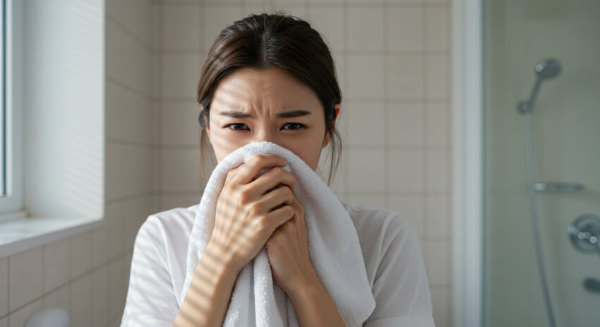 수건 쉰내 맡고 당황하고 있는 여성