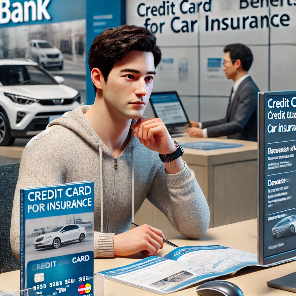 은행 카운터에서 신용카드의 자동차보험 혜택에 대해 상담 중인 한국 운전자. 책상 위에는 브로셔와 컴퓨터가 놓여 있고, 은행 로고가 보이며 운전자가 관심 있게 상담을 듣고 있음