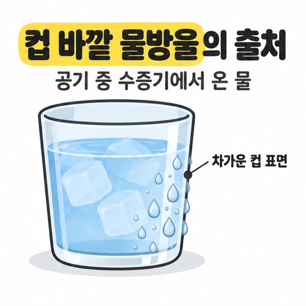 얼음과 물이 든 유리컵 바깥의 물방울을 보여 주고 물의 출처가 공기 중 수증기라고 설명한 카드