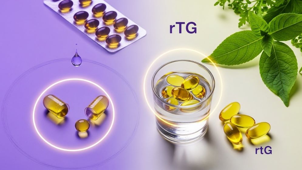 시각적으로 매력적이고 현대적인 다양한 오메가-3 보충제의 평평한 층으로, rTG(재에스터화 트리글리세리드) 형태에 중점을 둡니다.