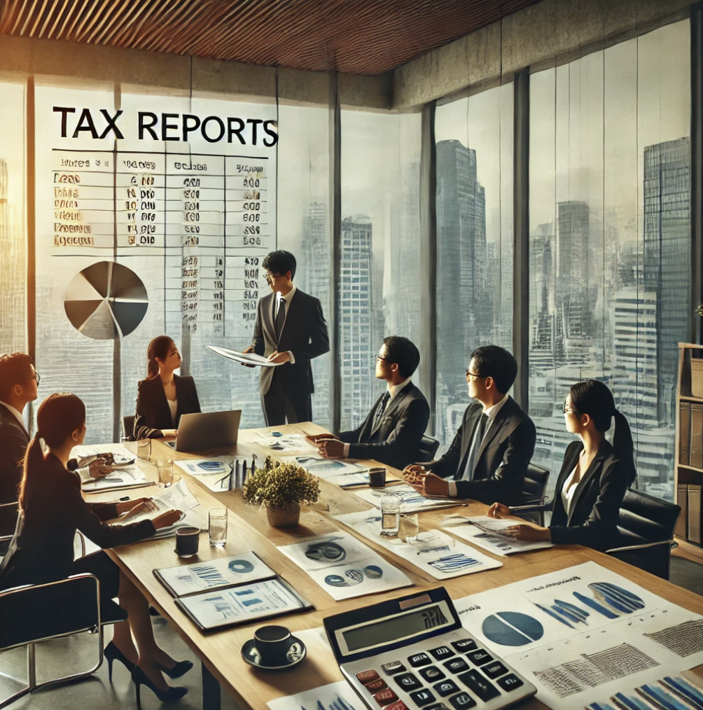 기업사무실에서 전문가들이 세무 보고서를 논의하는 모습