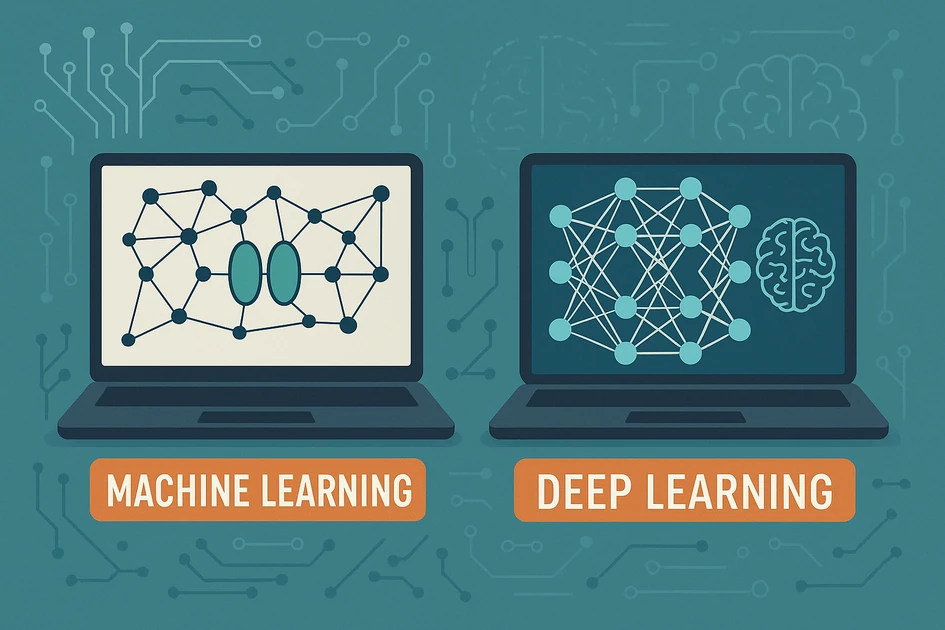 두 대의 노트북 화면에 머신러닝 모델 구조와 다층 딥러닝 신경망이 나란히 표시된 일러스트, 딥러닝과 머신러닝의 차이를 비교하는 모습