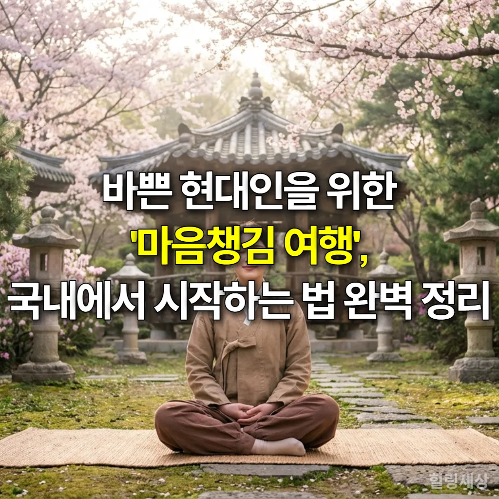 한국 전통 정원에서 명상하는 젊은 여성