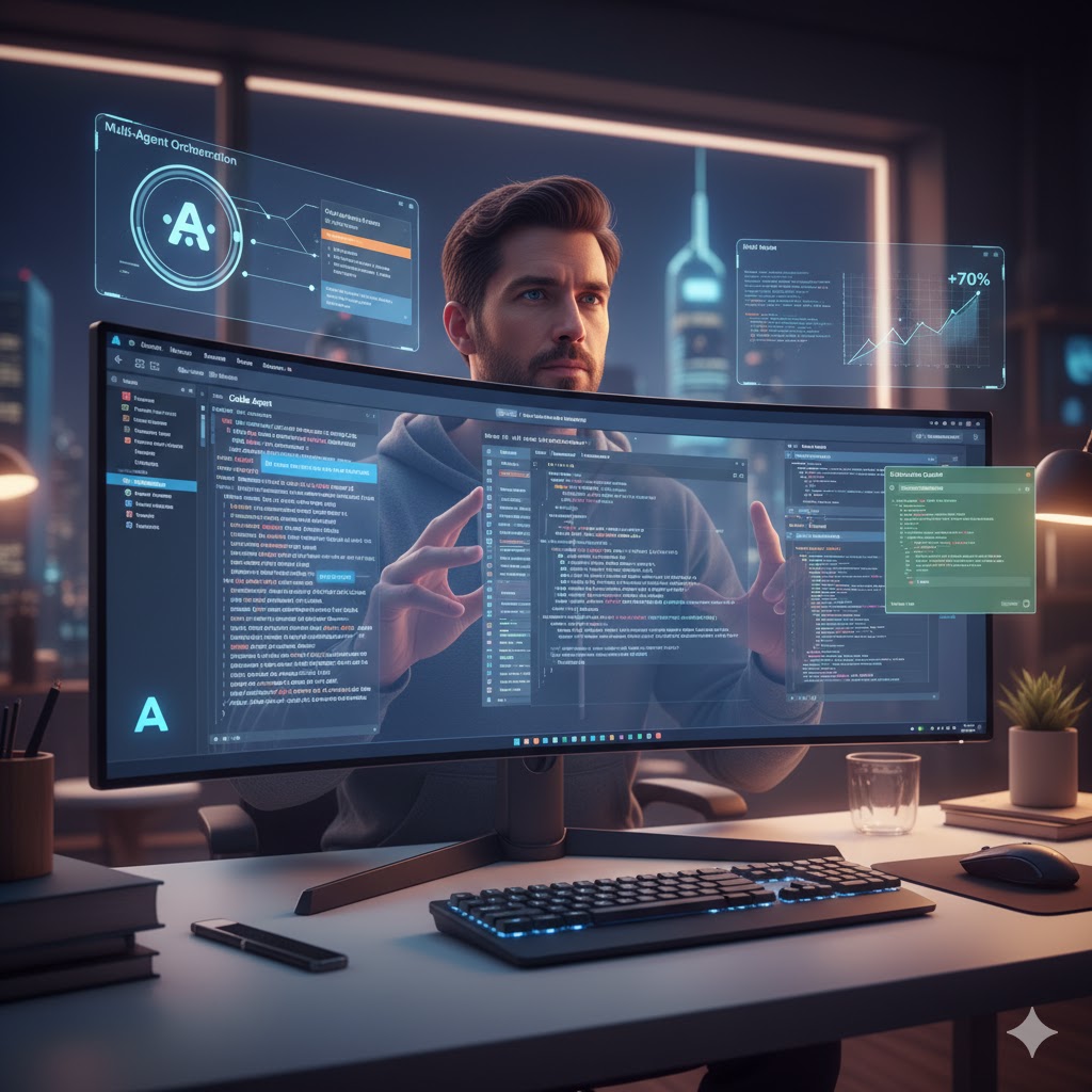 개발자가 책상에 앉아 코딩 작업을 하는 모습이에요. 책상에는 매우 큰 곡면 모니터가 있고, 모니터 화면에는 복잡한 코드 편집기와 여러 개의 인공지능(AI) 인터페이스 창이 동시에 떠 있어요. 개발자는 이 화면들을 집중해서 바라보고 있으며, 주변에는 키보드, 마우스, 펜, 책 등이 놓여 있어요. 배경은 현대적인 사무실 환경처럼 보이며, 모니터 위 허공에도 반투명한 데이터 차트와 인터페이스 창들이 떠 있어 미래 지향적인 다중 에이전트 개발 환경을 시각적으로 보여주고 있어요.
