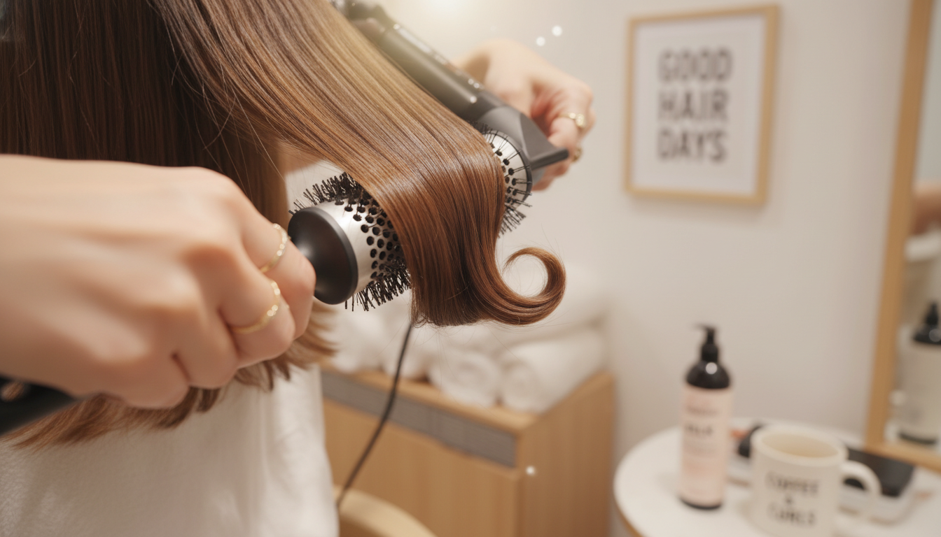 집에서 둥근 빗과 드라이기를 이용해 중단발 레이어드컷 C컬을 연출하는 모습