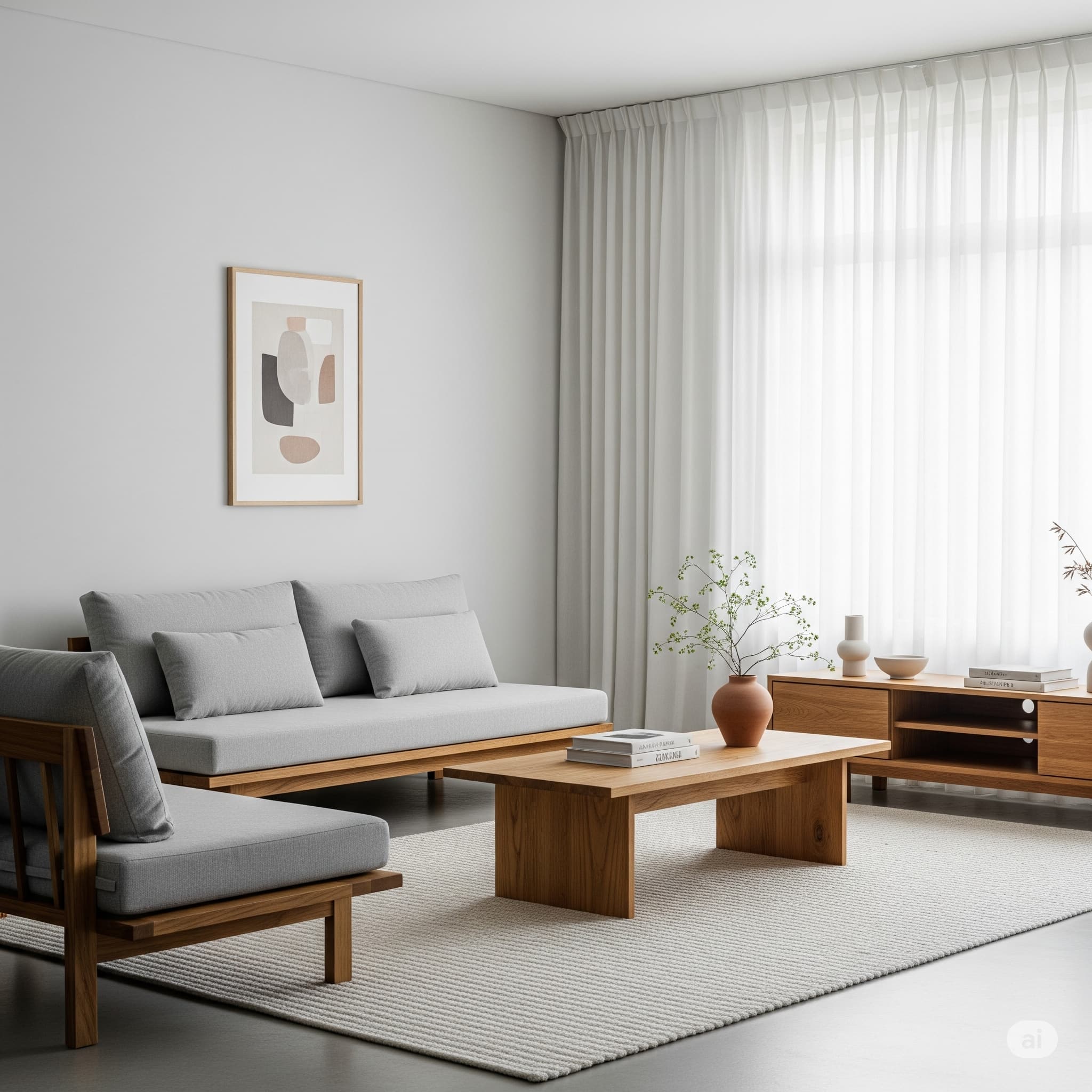 화이트 커튼과 우드 가구로 꾸민 미니멀 인테리어 전세집 거실