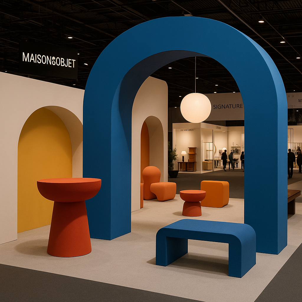 파란색 아치 구조와 빨간 테이블, 오렌지 의자가 배치된 공간, 강렬한 원색 대비와 미니멀한 배치가 현대적인 감각을 보여준다.