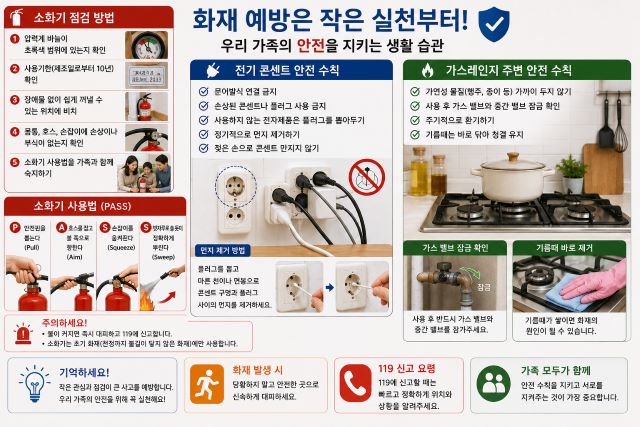 가정에서 소화기를 준비하고 화재 예방을 점검하는 모습