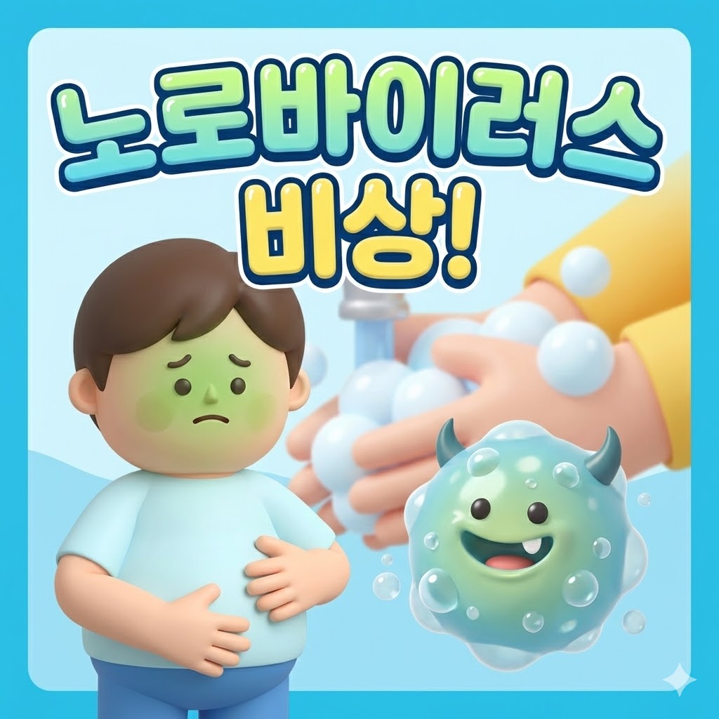 노로바이러스 장염 증상에 대한 귀여운 3D 카툰 일러스트. 배를 부여잡고 힘들어하는 사람 옆으로 노로바이러스 캐릭터가 장난스럽게 웃고 있으며, '노로바이러스 비상!'이라는 한글 텍스트가 있습니다. 손 씻기 등 예방 중요성을 암시하는 배경 요소가 포함되어 있습니다.