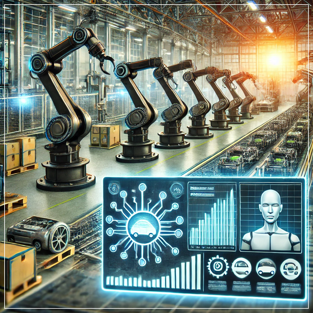 스마트 공장에서 AI 기반의 로봇 팔이 제품을 조립하고, 모니터에 실시간 생산 분석과 품질 관리 데이터가 표시되는 모습