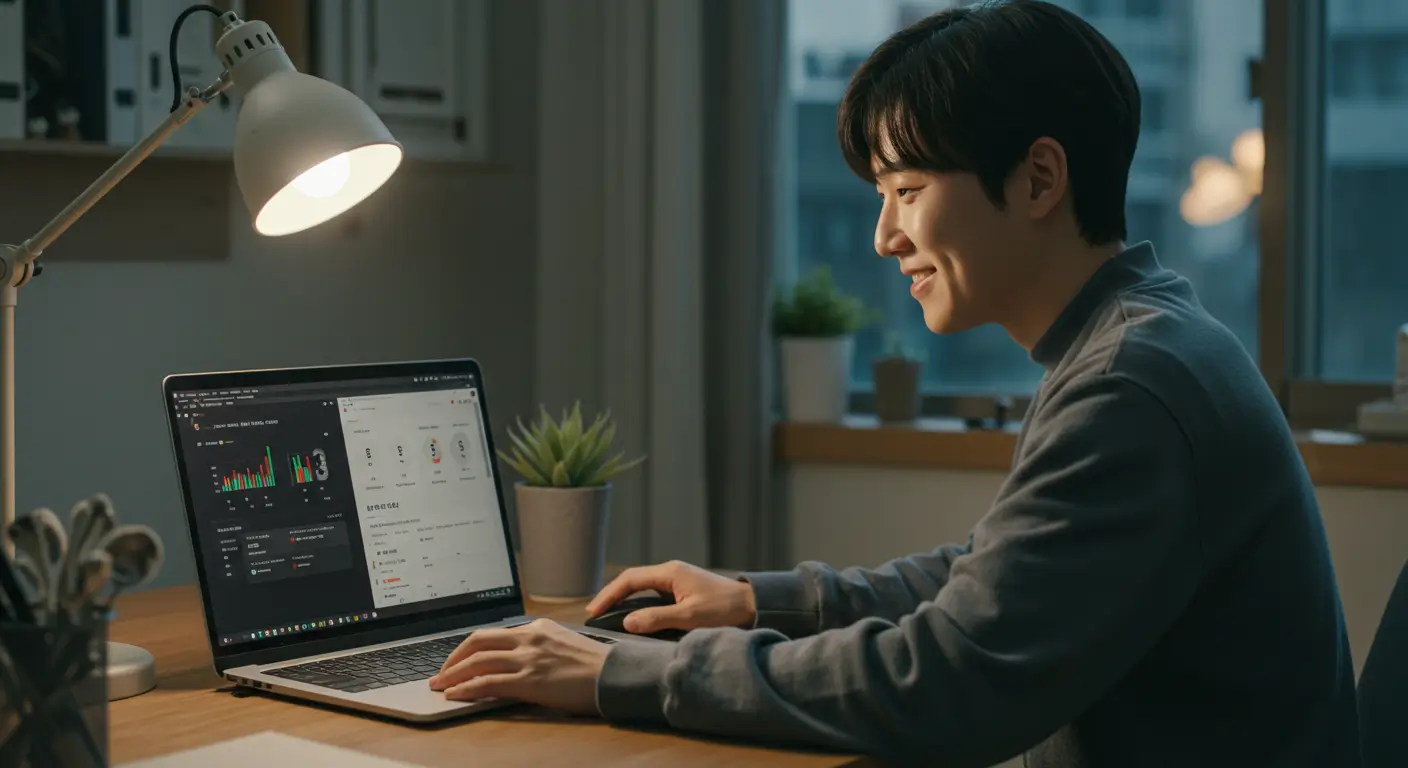 노트북으로 여러 은행의 분양권 전매 잔금대출 조건을 비교하고 최적의 상품을 선택하는 모습