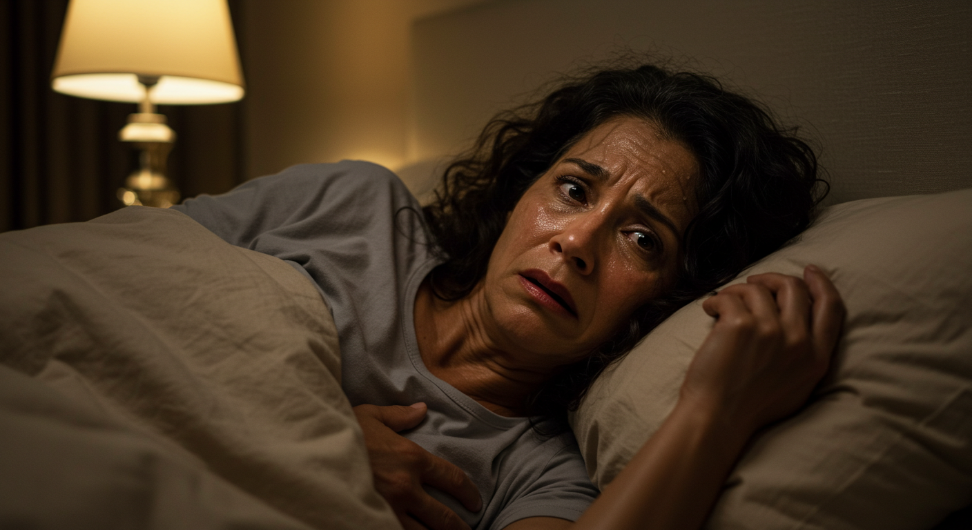 밤중에 식은땀을 흘리며 깨어난 여성의 모습, 건강 이상 신호를 암시하는 장면