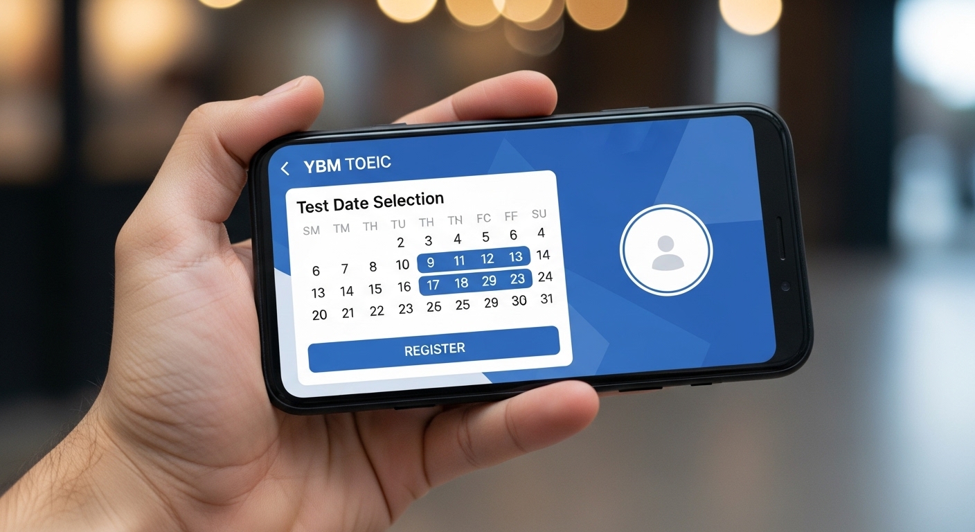 스마트폰으로 YBM 토익 모바일 앱을 이용해 시험을 접수하는 모습, 간편한 모바일 접수 과정을 상징.