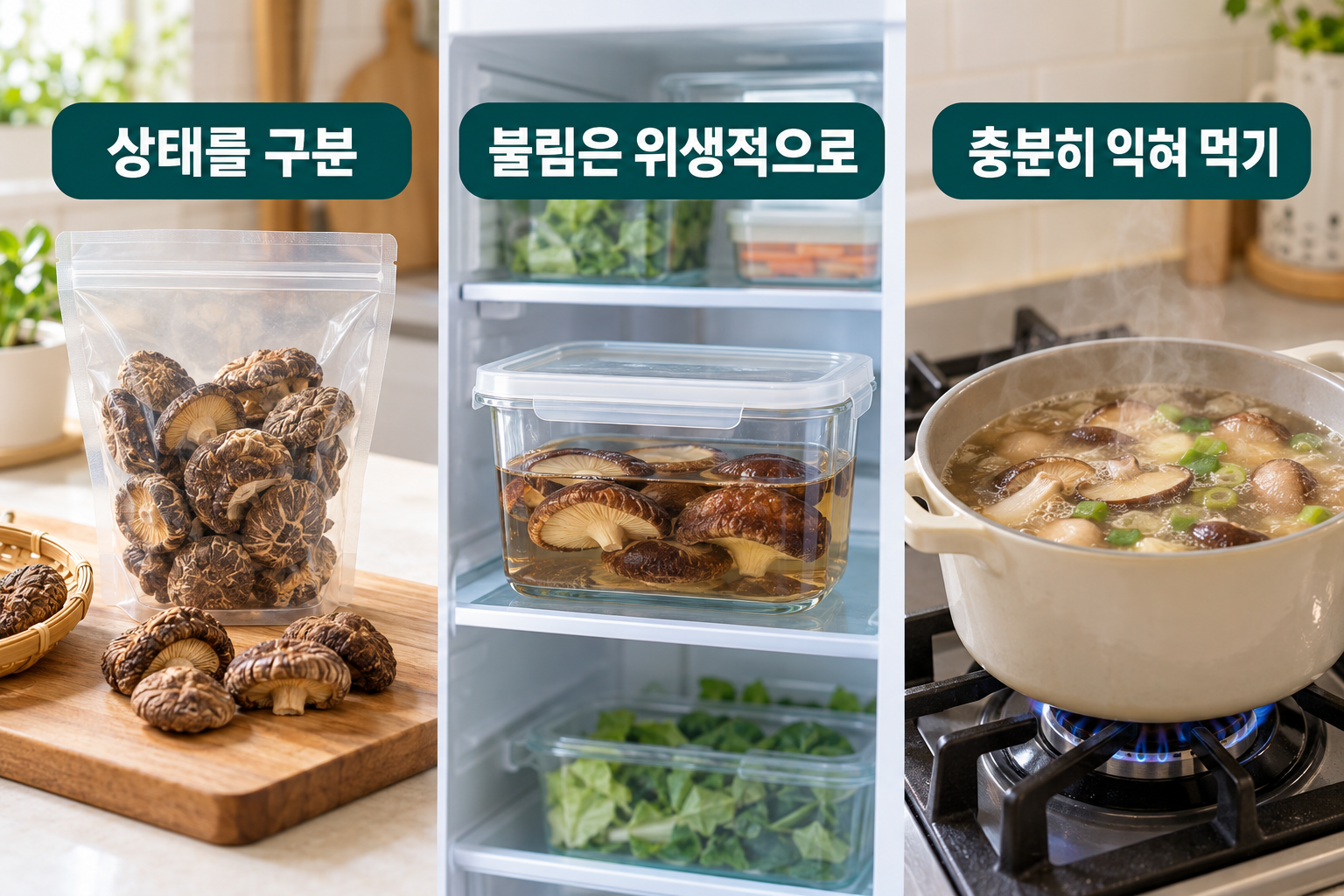 건표고 포장과 불림용기, 익힌 표고국을 함께 준비한 주방